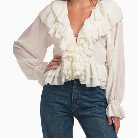 Torn by Ronny Kobo Tops - Torn by Ronny Kobo Ruffled V-Neck Blouse - Cream